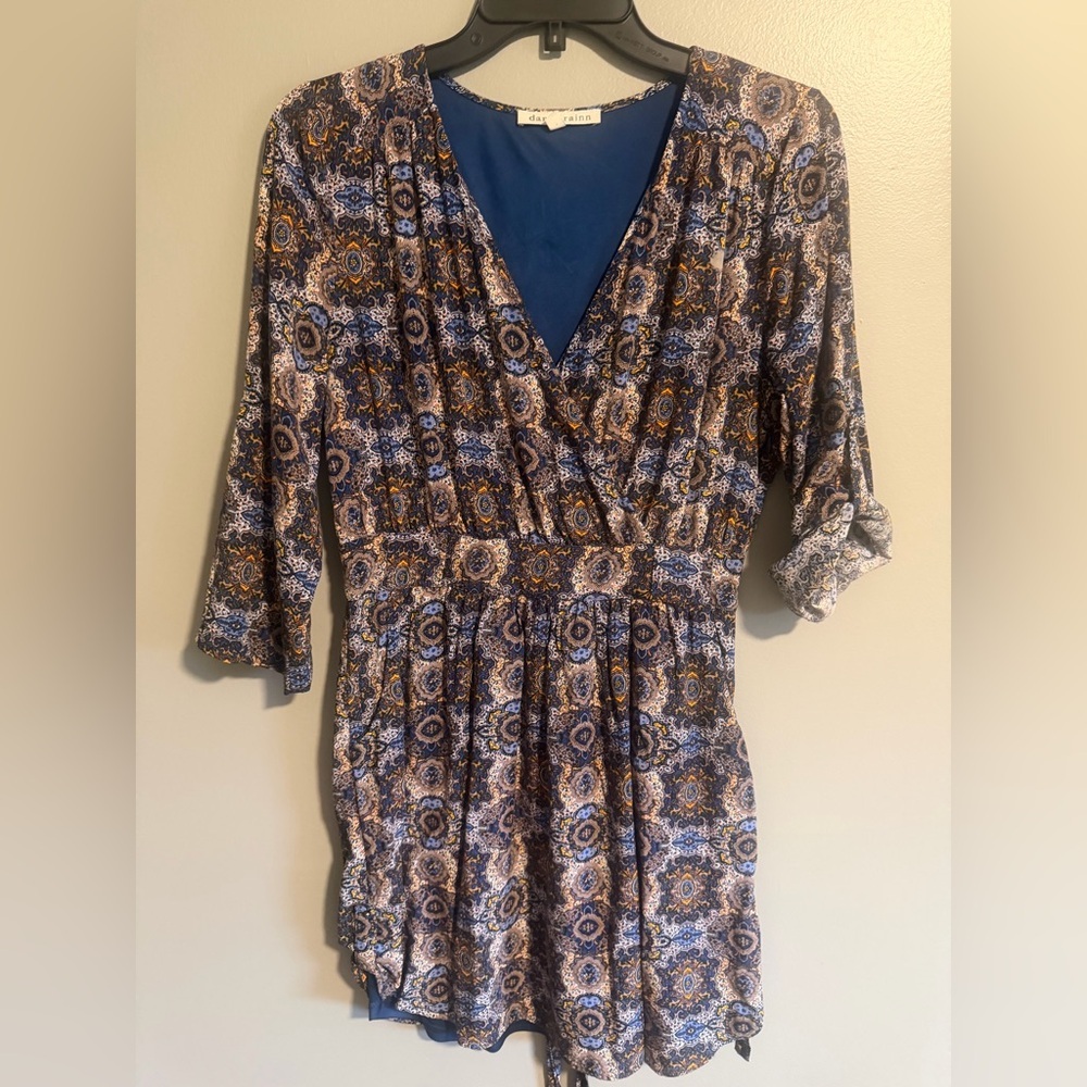 Daniel Rainn Blue Floral Paisley V-Neck Midi Dress w/ pockets side zip Sz M